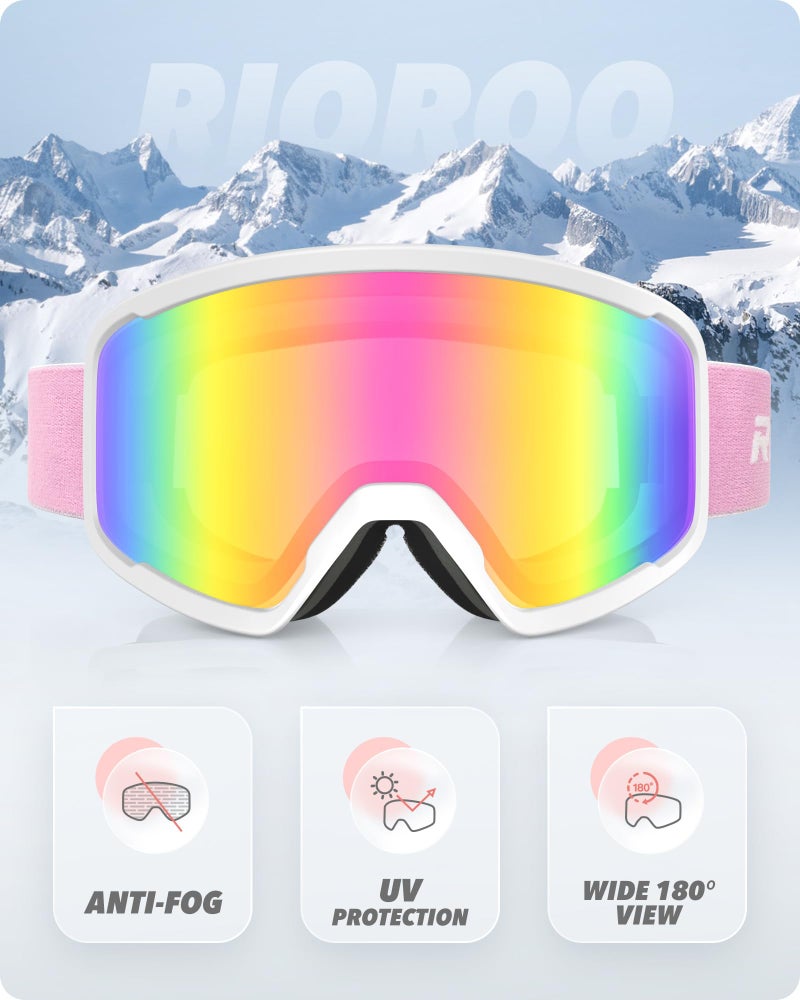 RIOROO Men Women Ski/Snowboard Goggles, Anti Fog 100% UV Protection, OTG Design, Dual-Venting System, Red, White - Image 2